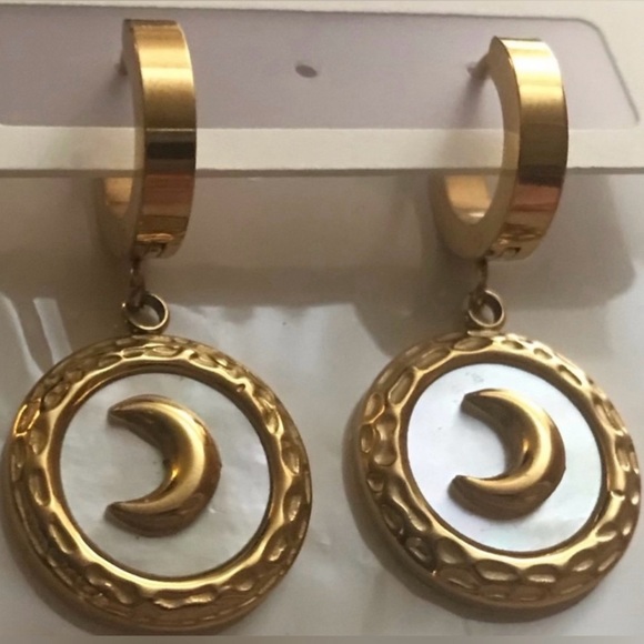 “Mother of Pearl Crescent Moon” Rainbow Iridescent Celestial Gold Steel Hoops - Picture 11 of 17